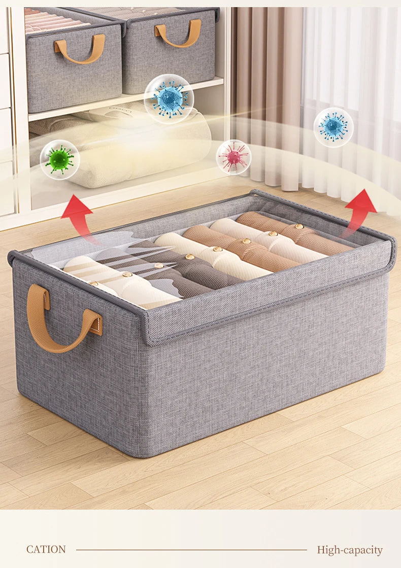 Collapsible Clothing Organizer Folding Clothes Storage Basket with Cover Metal Frame Underwear Storage Box Wardrobe Organizer