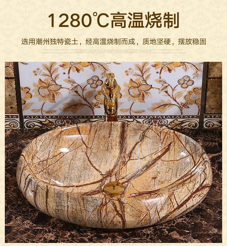 Marble Pattern Oval Bathroom Sink Home Stylish and Simple Ceramic Washbasin Hotel Balcony Countertop Art Basin for Washroom