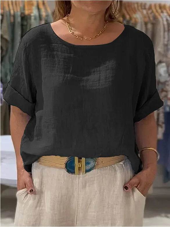 Women's Shirt Summer Fall New Solid Top Fashion Mid-sleeve O-neck Cotton Linen Button-up Casual Loose Shirts For Women Clothing - AIAZ