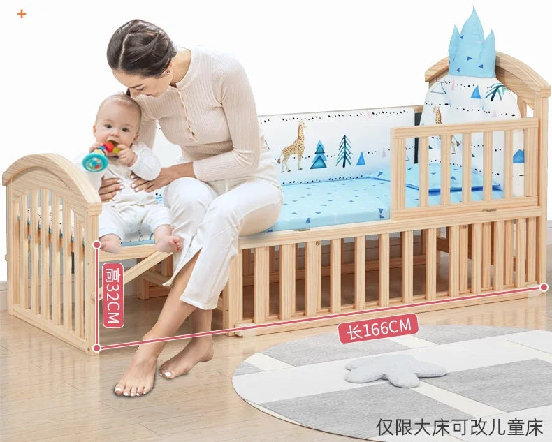 Baby Crib Multifunctional BB Baby Crib Solid Wood Unpainted Cradle Bed Movable Newborn Children Splicing Large Bed