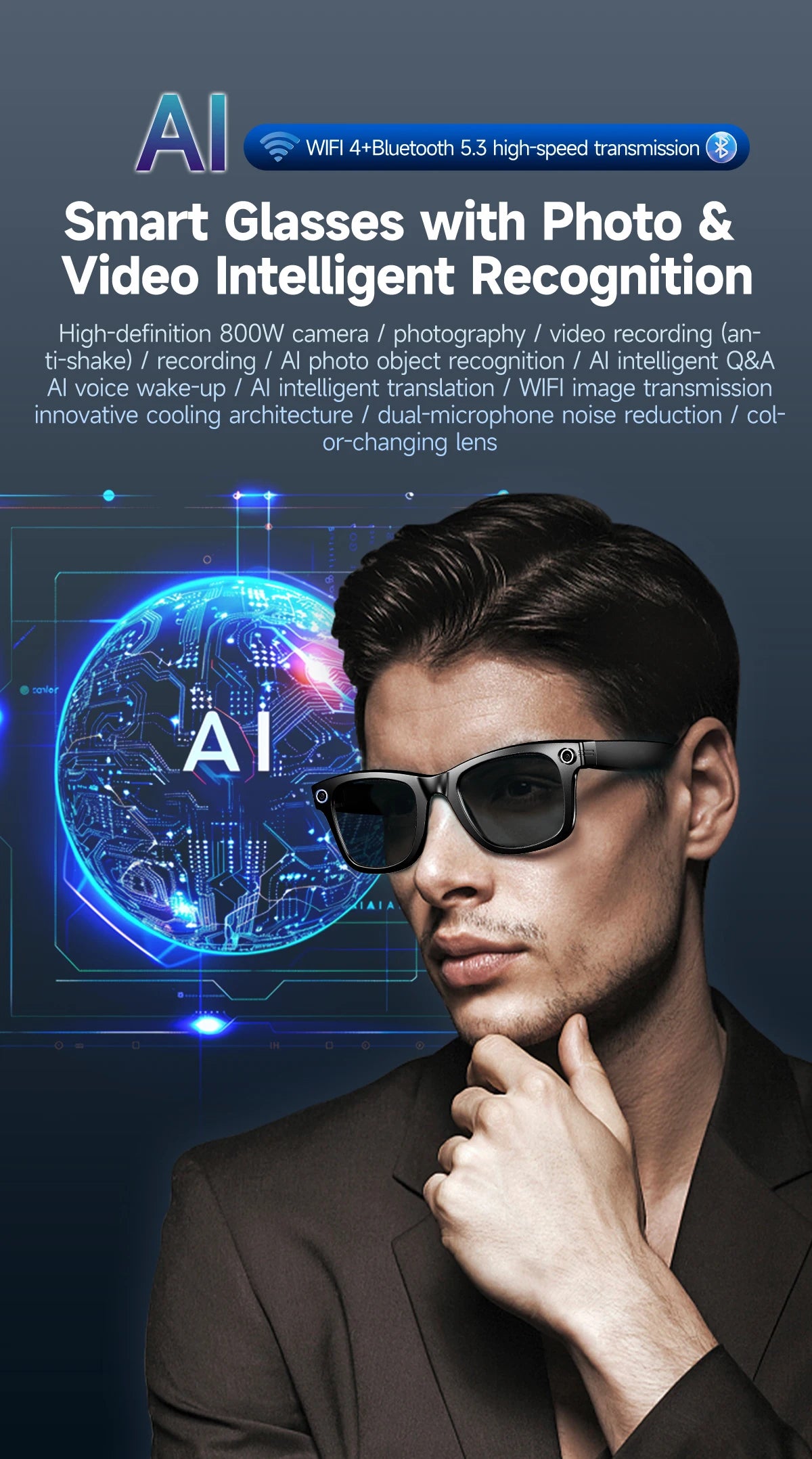 LIGE AI Smart Glasses With 800W HD Video Sport Sunglasses Bluetooth Call Voice Assistant Music Player Smart Glasse For Men Women