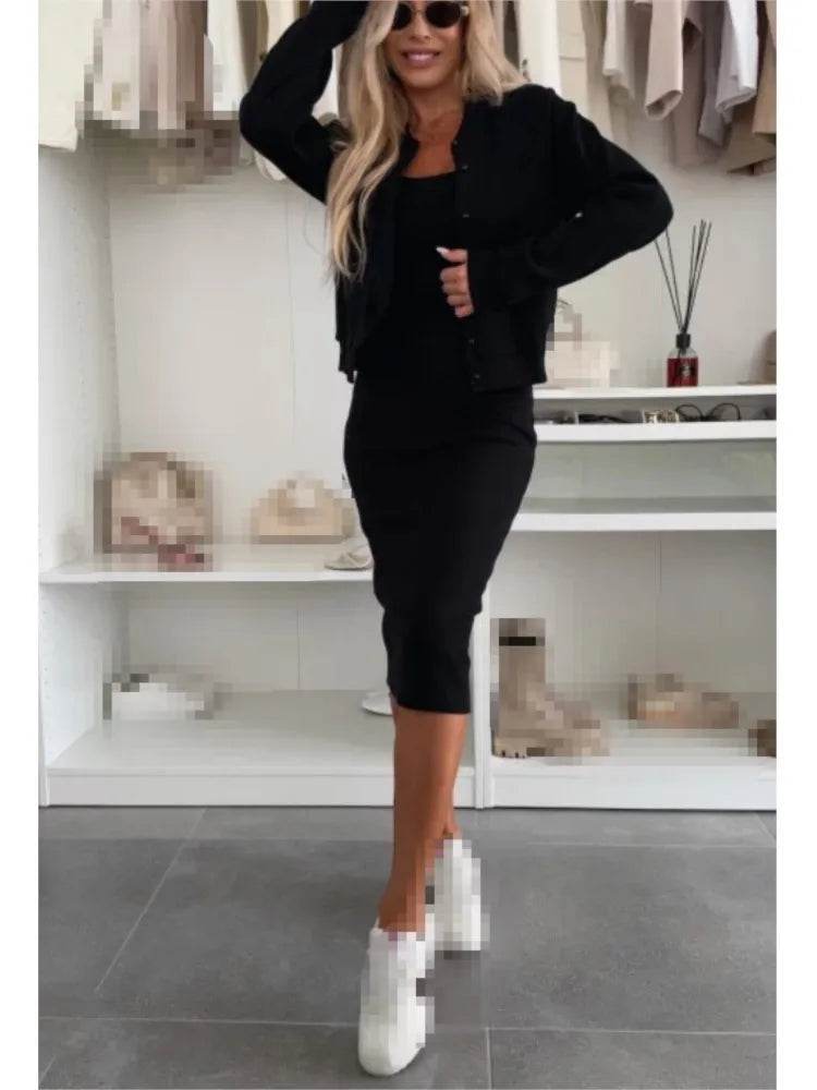Women Fashion Solid Dress Set Spring Autumn With Cover-Up Slim 2-Piece Suit Split Hem High Waist Cardigan Ladies Set Outfit - AIAZ