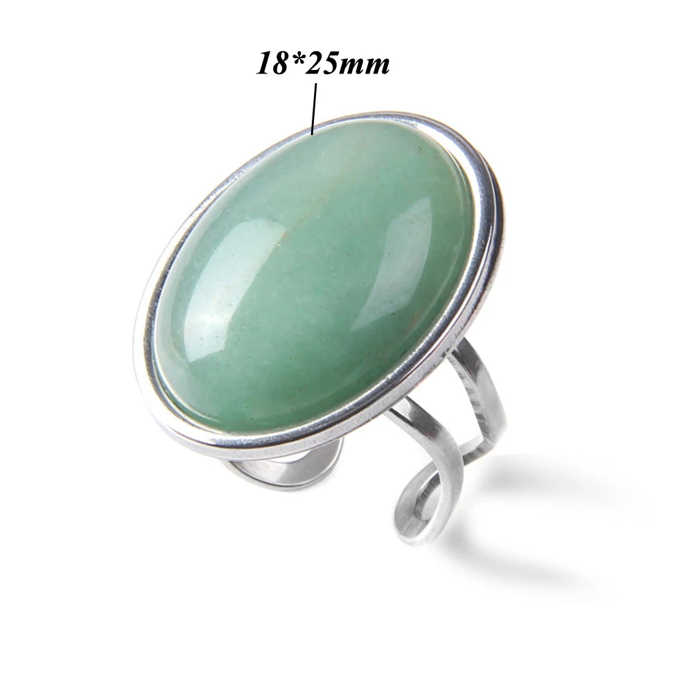 Cabochon Natural Stone Ring 10*14MM Oval Agates Turquois Quartzs Gem Finger Ring Silver Color Adjustable Open Rings Jewelry Gift