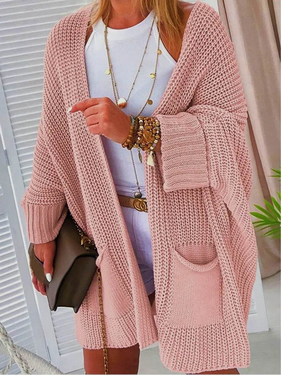 2025 New Knitted Long Cardigan for Women Autumn Casual Loose V-Neck Sweater Coats Ladies Elegant Solid Jumper Jacket with Pocket - AIAZ