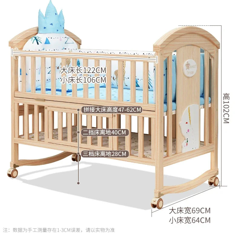 Baby Crib Multifunctional BB Baby Crib Solid Wood Unpainted Cradle Bed Movable Newborn Children Splicing Large Bed