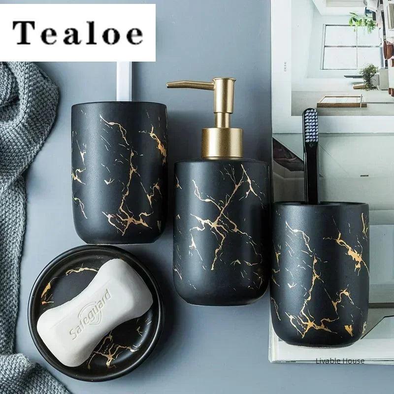 Marble Soap Dispenser Pump Bottle Ceramic Bathroom Accessory Set  Home Couple Mouthwash Cup Soap Dish Washing Tools Luxury