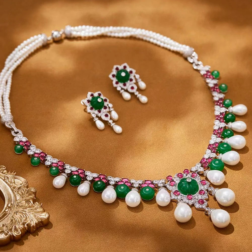 Dubai Fashion White Pearl Sythetic Green Chalcedony Tassel Beads Chain Necklaces Earrings Luxury Designer Jewelry for Women