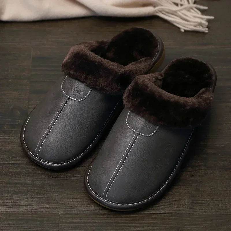 Men Winter Leather Slippers Bedroom Cotton Slippers Male Waterproof Thick Plus Velvet Indoor Warm House Home Slippers Shoes - AIAZ