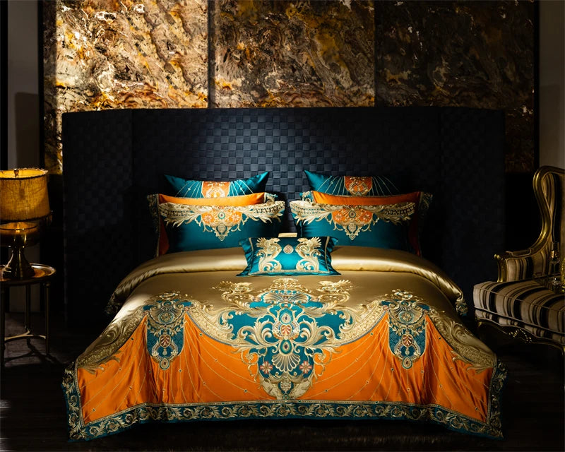 4/6/9Pcs Gorgeous European Palace Style Royal Embroidery Bedding Set Brocade Egyptian Cotton Duvet Cover Bed Sheet Pillowcases