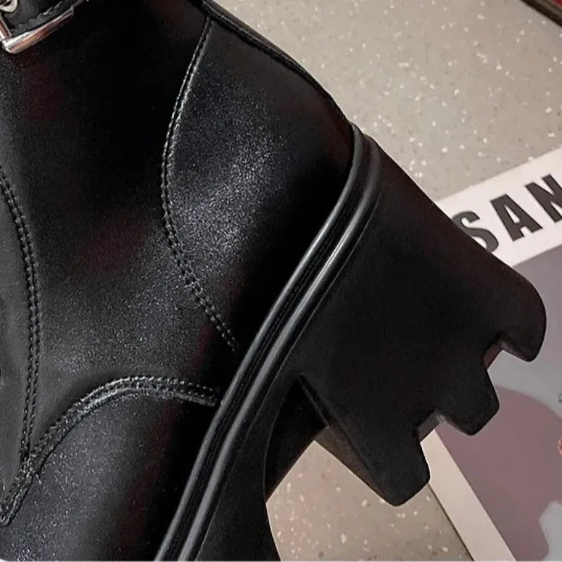 Trend Punk Women's Boots Buckle Platform Boots Mid-calf Gothic Boots for Women Autumn Ladies Motorcycle Boot Pu Leather Shoes