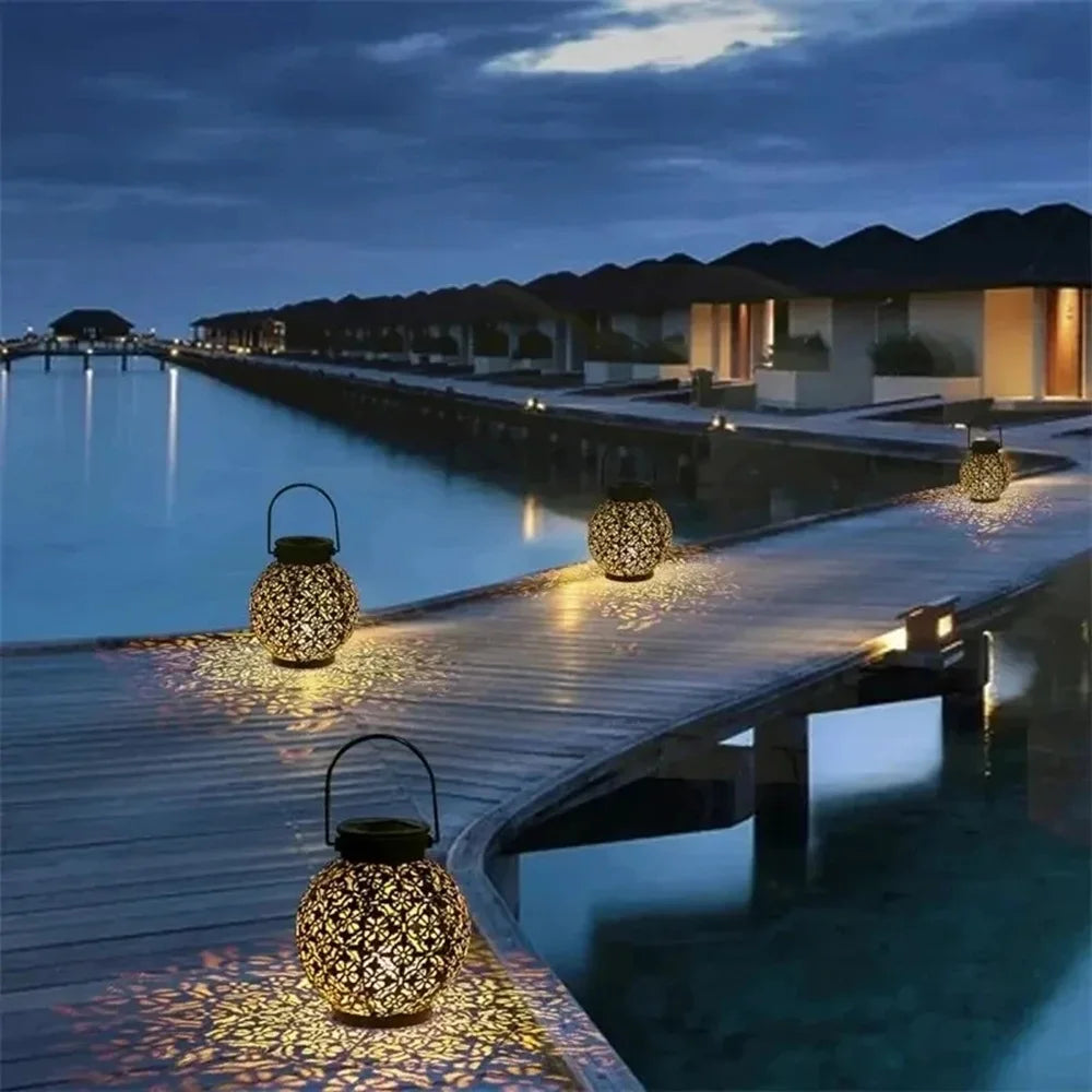 LED Outdoor Solar Hanging Lantern Lights Waterproof Tabletop Solar Lights with Handle Moroccan Lanterns Metal Decorative Garden