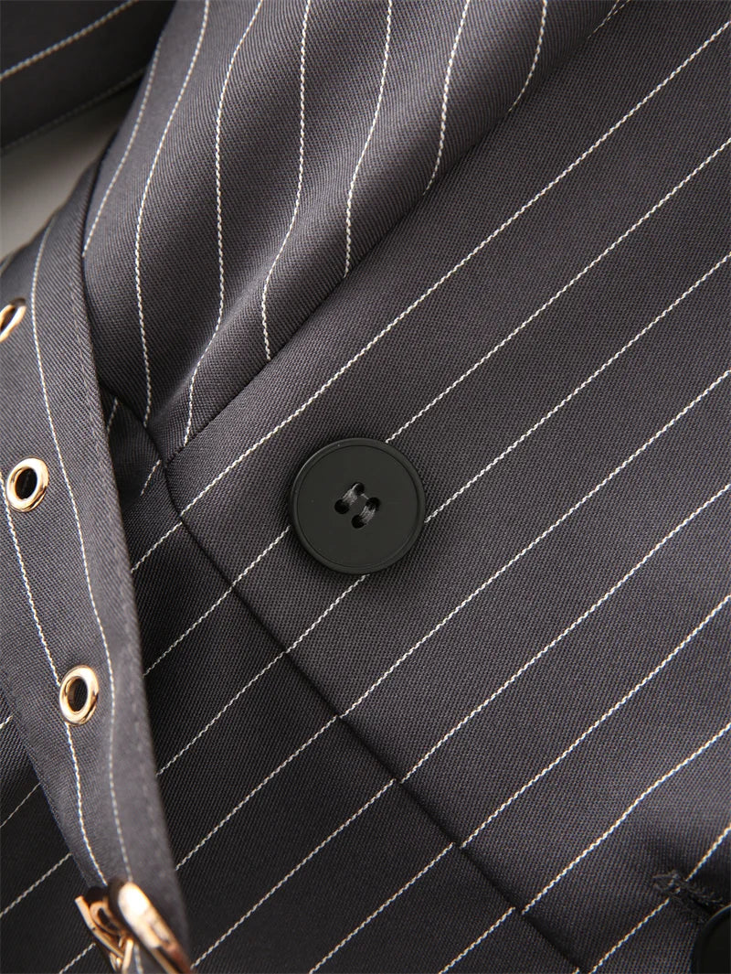 KEYANKETIAN Spring/Autumn New Women's Irregular Design Gray Striped Suit Outerwear Office Lady With Belt Slim Mid-length Coat