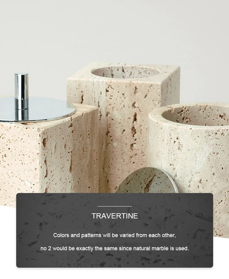 Beige Travertine Bathroom Accessories Set Natural Marble Soap Dispenser Soap Dish Reed Diffuser Vanity Tray Bathroom Set