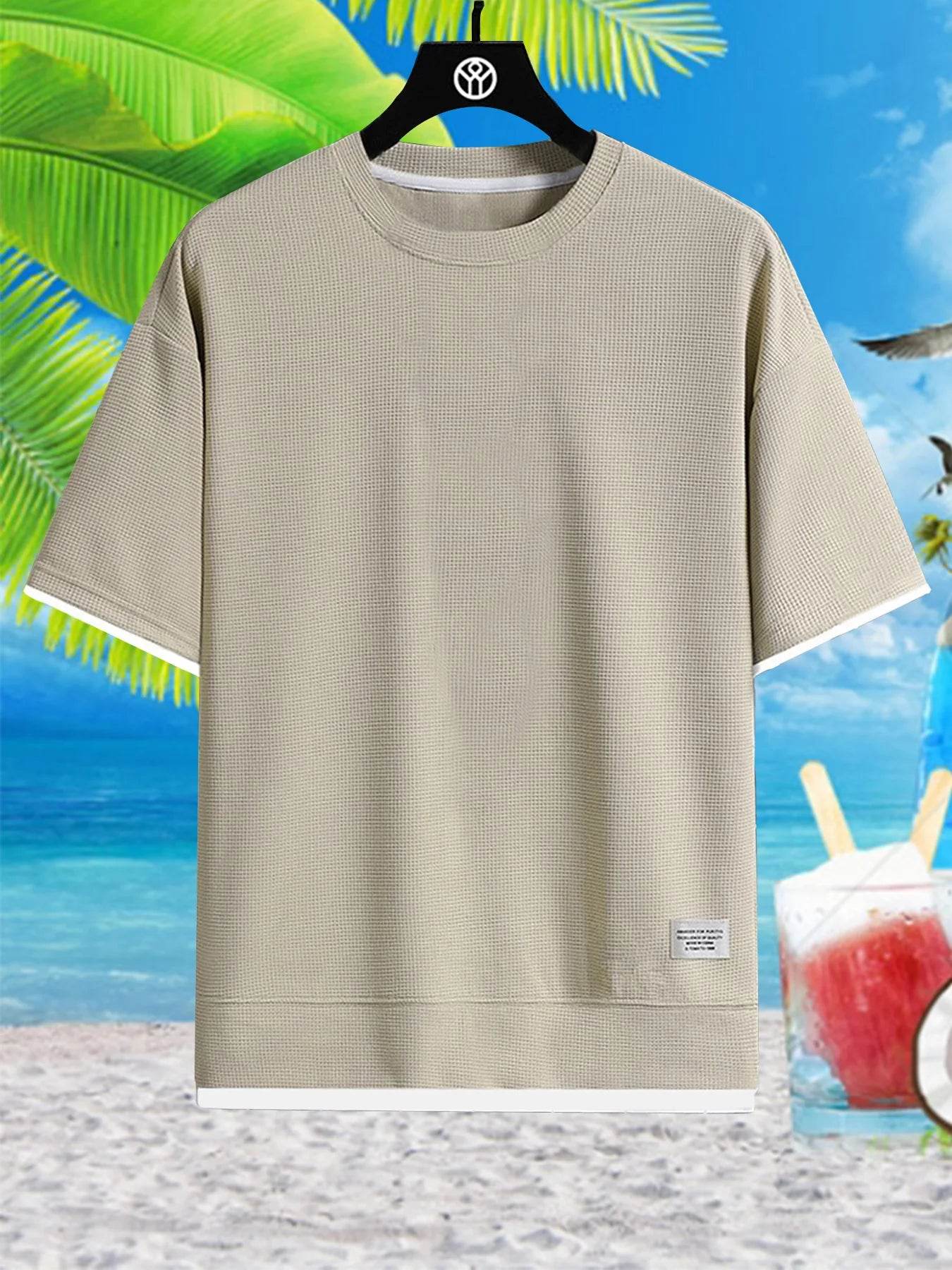 2025Men Summer Fashion Waffle Fake Two Pieces Top Short Sleeve T-shirt Male Comfortable Casual Breathable Quick DryTshirts Tee - AIAZ