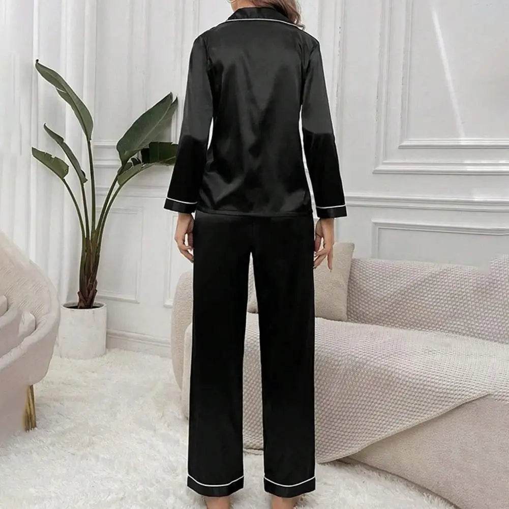 Women Two-piece Pajama Set Classic Design Sleepwear Elegant Women's Silk Pyjama Set with Long Sleeve Button Top Elastic for Home - AIAZ