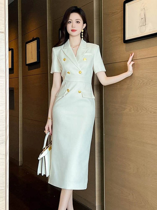 Fashion Elegant Business Dresses Women Clothes Sweet OL Professional Double Breasted Midi Robe Meeting Work Style Party Vestidos - AIAZ