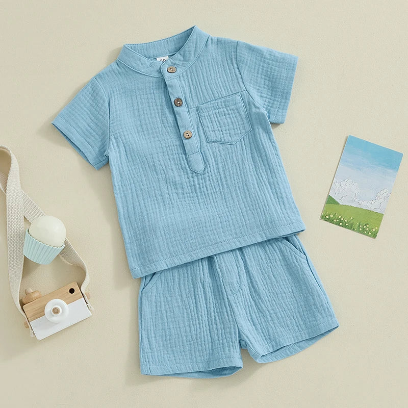 Suefunskry Toddler Boys Summer 2Pcs Casual Outfits Solid Color Short Sleeve Button Tops and Elastic Waist Shorts Sets 6M-4Y