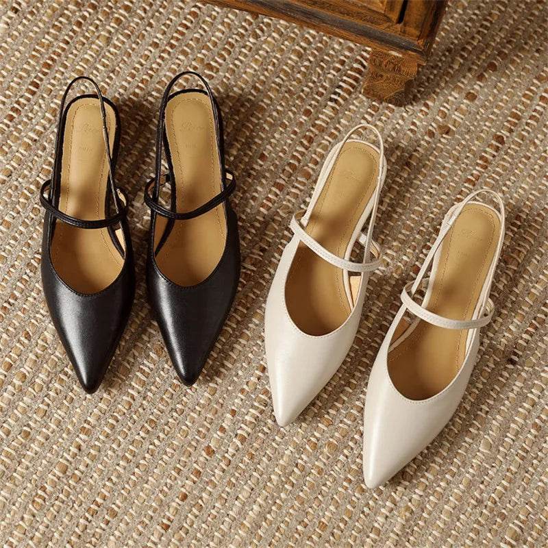 Summer Sandals Sheep Leather Women Shoes Pointed Toe Low Heel Women Pumps Genuine Leather Cover Toe Sandals for Women Handmade - AIAZ