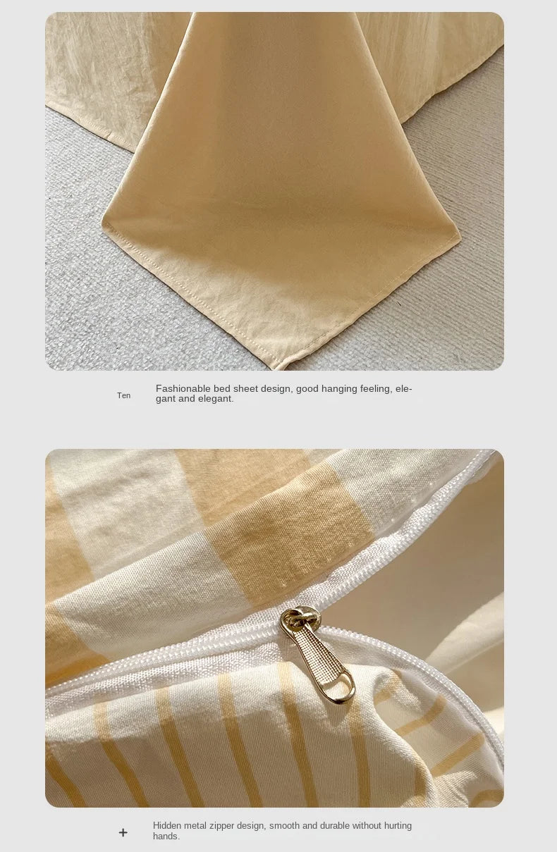 Washed Cotton Double Yarn Crepe Striped Quilt Set 3-4 Pillowcase with Sheet Bedding Cover Supplies 200x230 220x240 Skin Friendly
