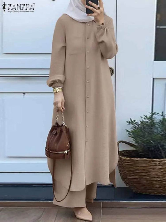 ZANZEA Vintage Muslim Suit Solid Color Lapel Neck Long Sleeve Blouse Pant Ramadan Islamic Clothing Fashion Casual Turkey Outifit - AIAZ