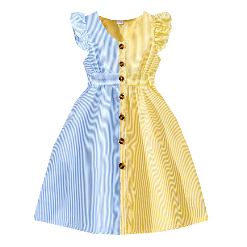 Girl Dress Summer New Light Blue Stripe Ruffled Sleeveless V-Neck Dress Elegant Cute Daily Casual Vacation Preppy Style Outifits