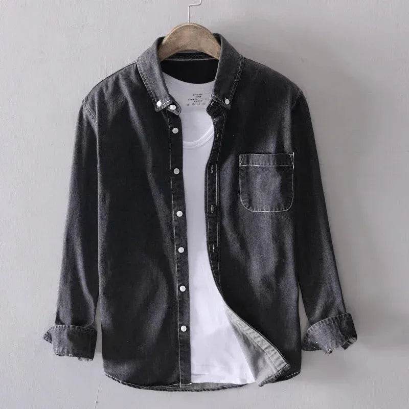 100% Cotton Autumn New Long-sleeved Denim Shirt Men Fashion Casual High Street Male Clothes Top Classic Light Blue Black Gray - AIAZ