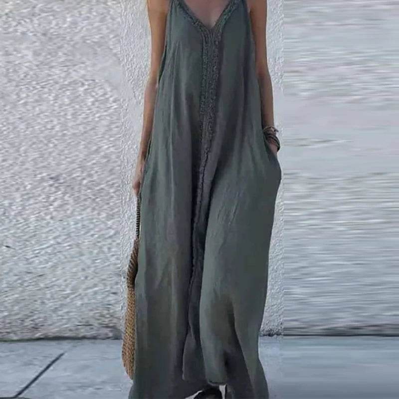 Woman Sexy V Neck Tassel Long Dresses Spring Solid Loose Boho Suspender Dress New Summer Sleeveless Vacation Maxi Dress Vestidos - AIAZ