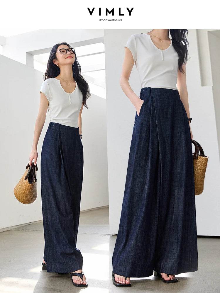 VIMLY Women's Washed Jeans Baggy Skirt Pants Ladies 2025 Spring Summer Casual High Waist Vintage Denim Pants Woman Clothes M9809 - AIAZ