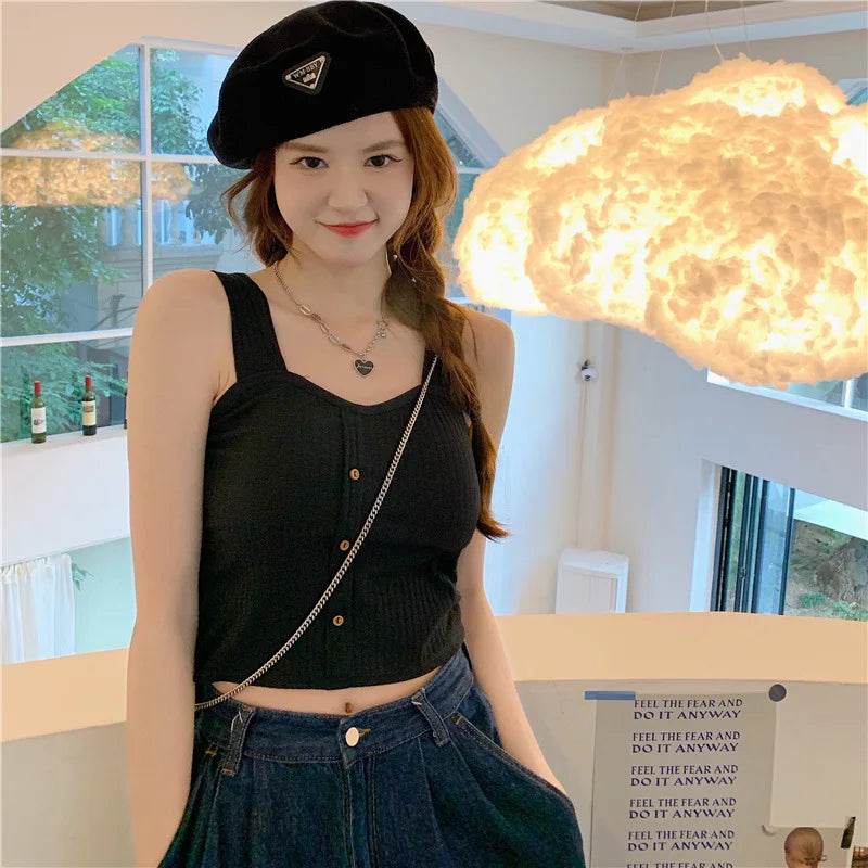 Women's Ribbed Tank Tops Y2K Cropped Tops with Bra Pads Knitted Button Down Suspenders Vest Sexy Camisole Female Short Tops - AIAZ