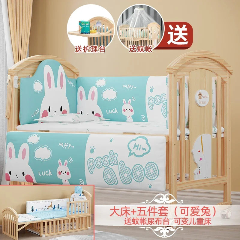 Baby Crib Multifunctional BB Baby Crib Solid Wood Unpainted Cradle Bed Movable Newborn Children Splicing Large Bed