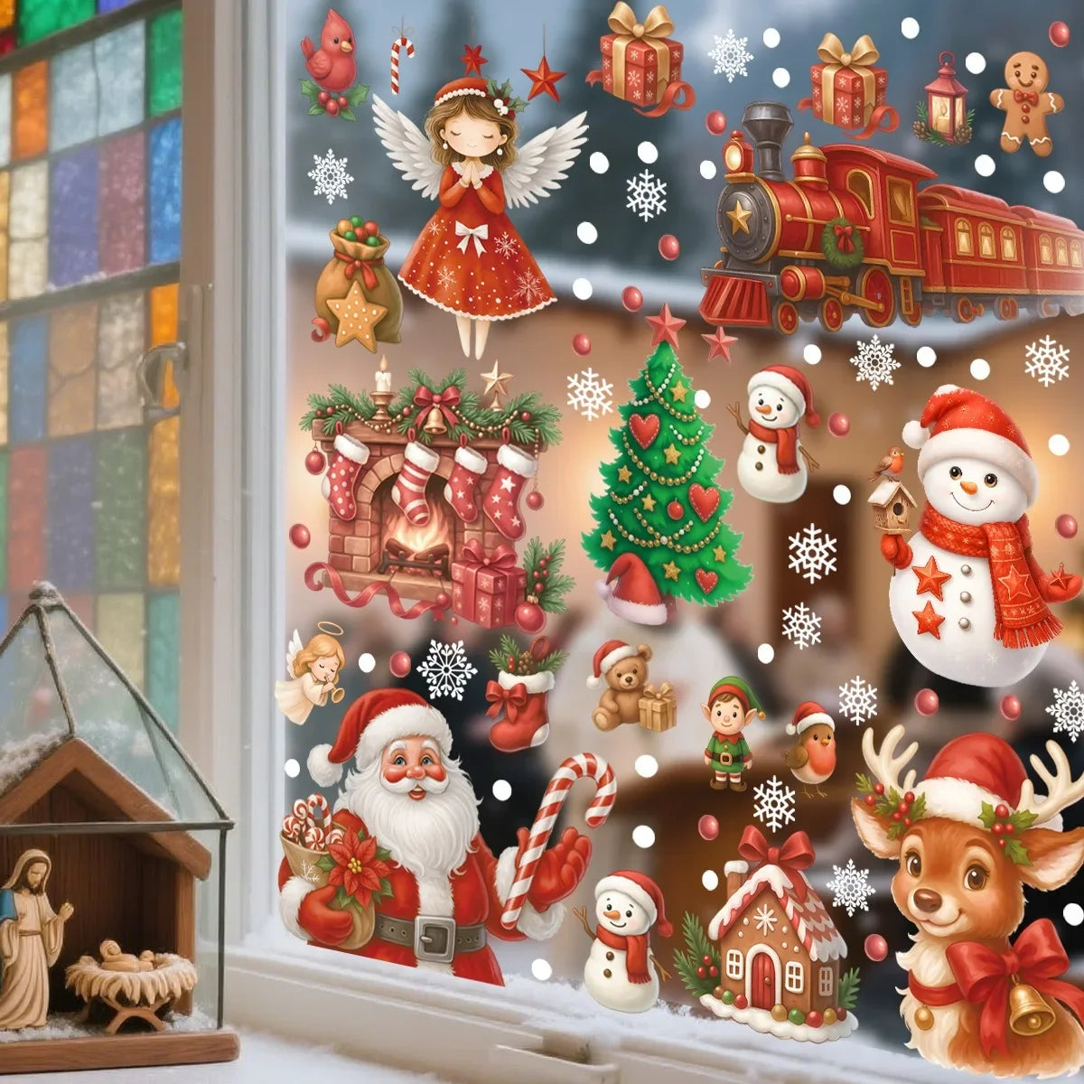 Christmas Wall Stickers Cartoon Santa Claus Snowman Elk Angel Girls Snowflake Window Glass Stickers Merry Christmas Decors