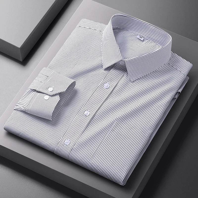 Men Formal Shirt Long Sleeve Office Solid Color Striped Anti-Wrinkle Fashion Business Pocket White Social Pocket Shirt S-4XL - AIAZ