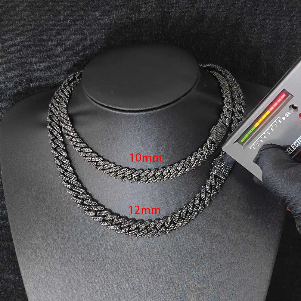 Hip Hop Jewelry Custom Black Plated Cuban Chain 10/12mm Ice out 925 VVS Black Moissanite Cuban Link Chain Necklace for men