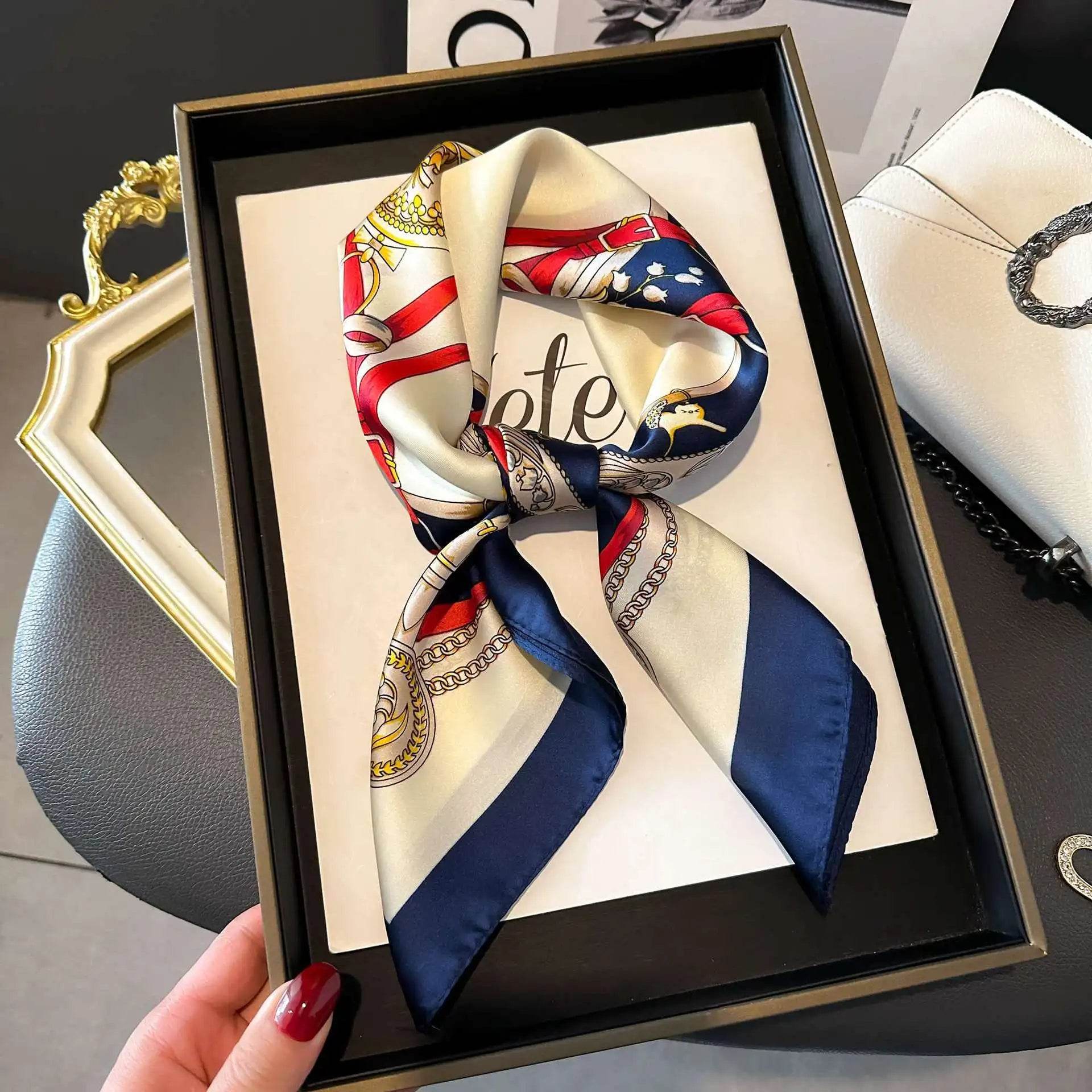 Luxury Chain Print Small Square Scarf Simulated Silk Thin Neck Scarf Fashion Sunscreen Headscarf For Women 70x70cm - AIAZ