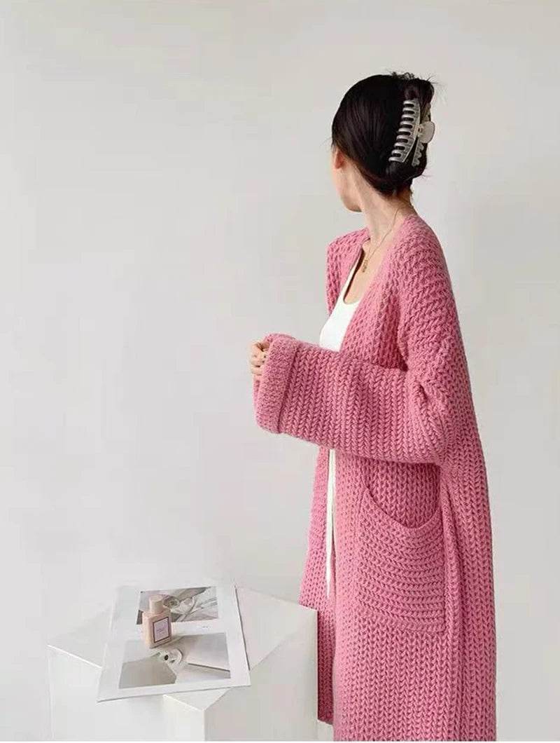 Korean Cardigan Sweater for Women Autumn Winter Loose Lazy Style Female Midi Knit Coats Fashion V Neck Casual Big Pocket Jumpers - AIAZ