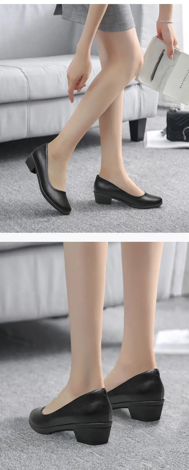 GKTINOO Black Leather Women's Work Shoes Pumps Thick Heels Round Head Shoes Soft Sole Professional Non-slip Hotel Work Shoes