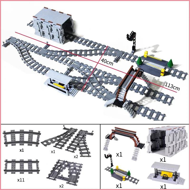 City Train Station Platform Traffic Light Cave Flyover Tracks Straight Curved Rails Building Block Bricks Technican Creative Toy - AIAZ
