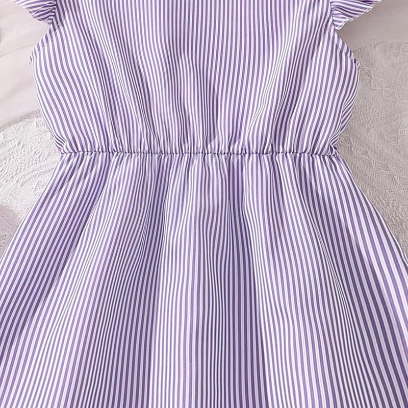 Girl Dress Summer New Light Blue Stripe Ruffled Sleeveless V-Neck Dress Elegant Cute Daily Casual Vacation Preppy Style Outifits