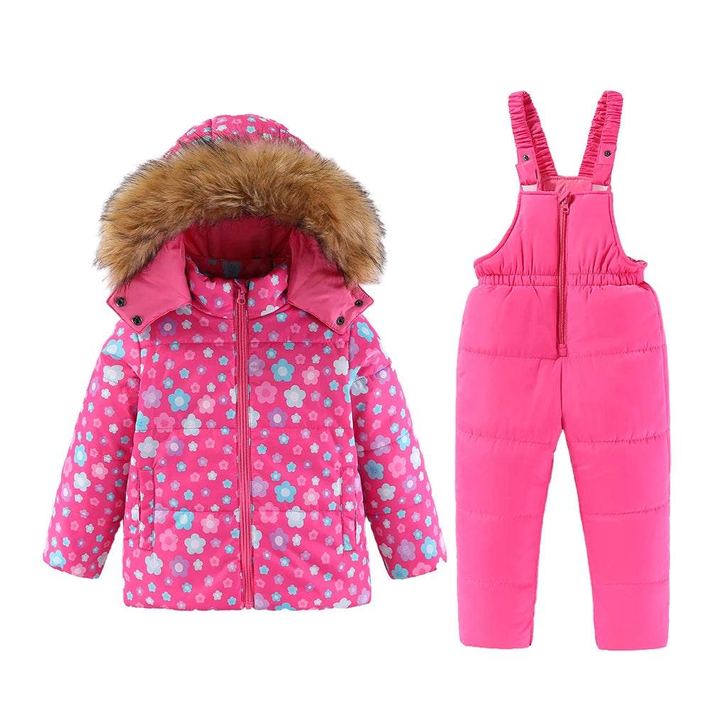 4-8T Kids Girls Ski Suits Hooded Snowboard Coats Children Winter Warm Pant Outdoor Sportwear Thick Cotton Snowboard Skiing Suit