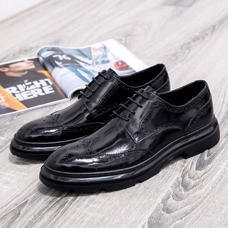 Mens Leather Dress Shoes Brogue Design Business Casual Shoes Spring Fashion Thick Sole Oxfords