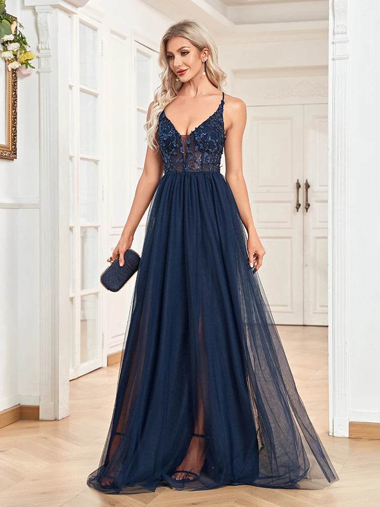 Lucyinlove Elegant Sexy Deep V-Neck Navy Tulle Evening Dresses Women Backless Party Maxi Long Prom Cocktail Gowns - AIAZ