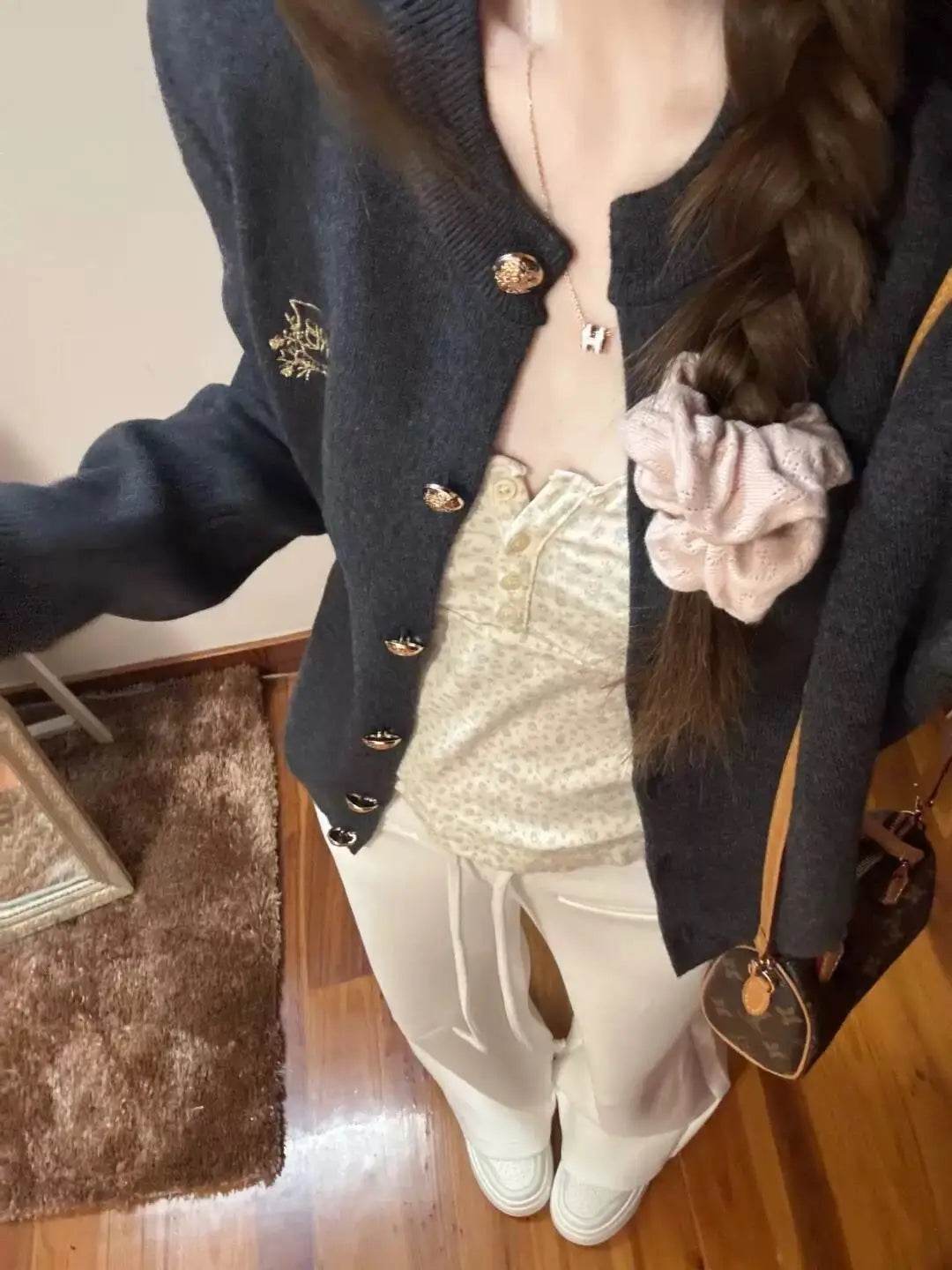 Gray Cardigan Sweater Women Loose Short Knit Coat For Spring And Autumn - AIAZ