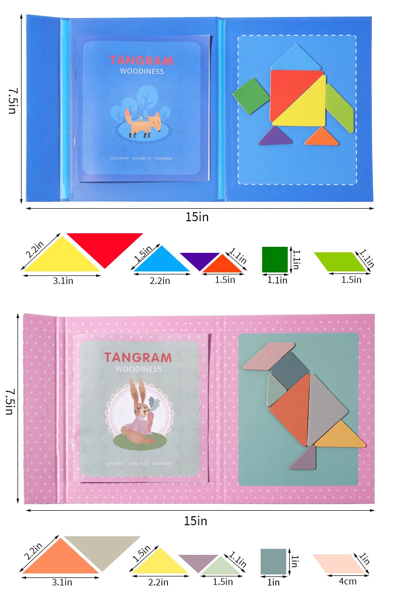 Montessori Wooden Jigsaw Magnetic Tangram Puzzle Book Educational Toys For Kid Learning Logical Game Geometric Shape Block