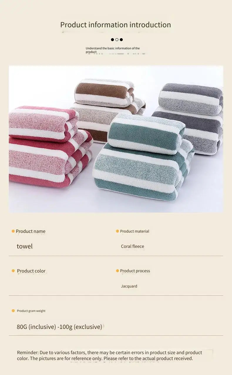 2PCS Thickened Absorbent Bath Towel Striped Pattern Towel Set Soft Face Towel for Home Bathroom Spa Quick Drying Microfiber