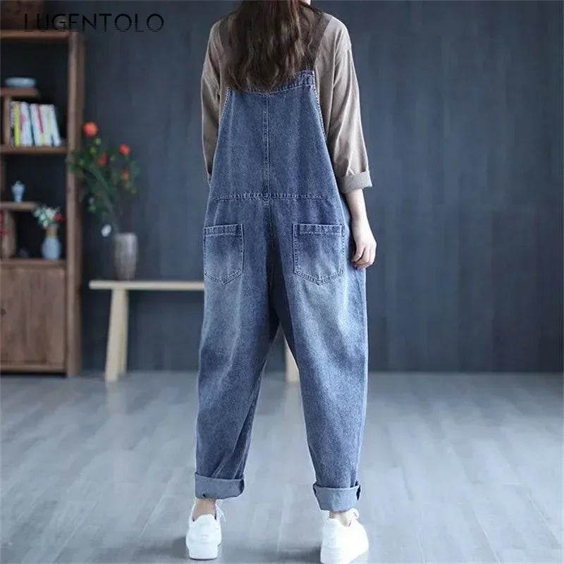 Jumpsuit Women Jeans Rompers New Retro Big Pocket Loose Denim Overalls Fashion Casual Wide-leg Pants Jumpsuits Cloth - AIAZ