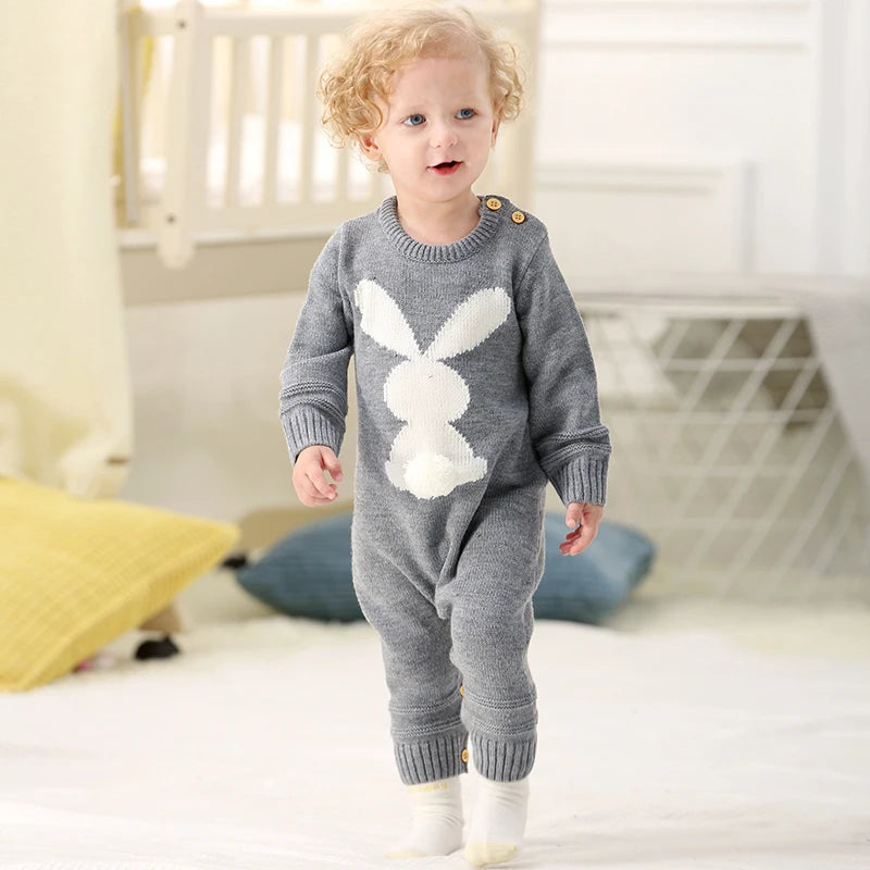 Cute Rabbit Knitted Baby Rompers Clothes Spring Autumn Crew Neck Long Sleeves Newborn Boys Girls Easter Jumpsuits Outfits 0-18m