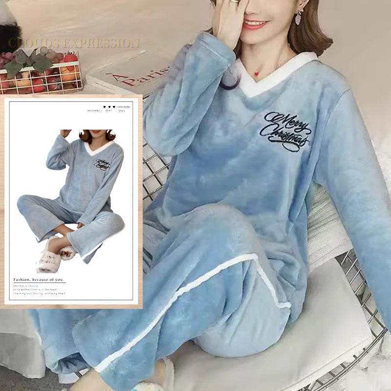 Autumn Winter Flannel Women's Pajamas Sets Polka Dots Printed Teddy Sleepwear Velvet Homewear Kawaii Girsl Pijamas Mujer Pyjama - AIAZ
