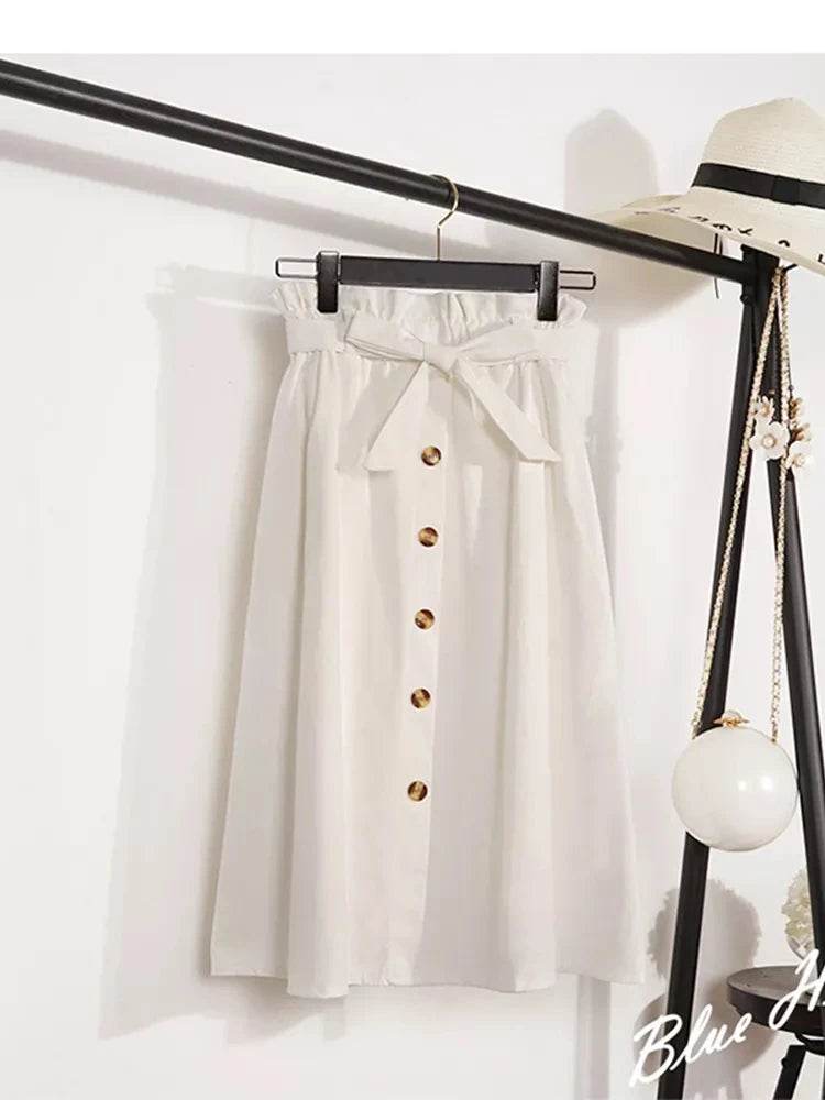 Summer Autumn Skirts Womens Midi Knee Length Korean Elegant Button High Waist Skirt Female Pleated School Skirt - AIAZ