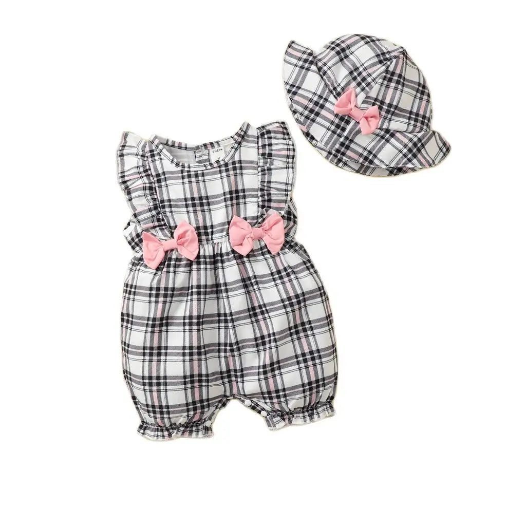 0-18 Months Newborn Baby Girl Clothes Cute Plaid Design Summer Romper+Hat 2Pcs Suit Fashion Holiday Clothing For Toddler Girl