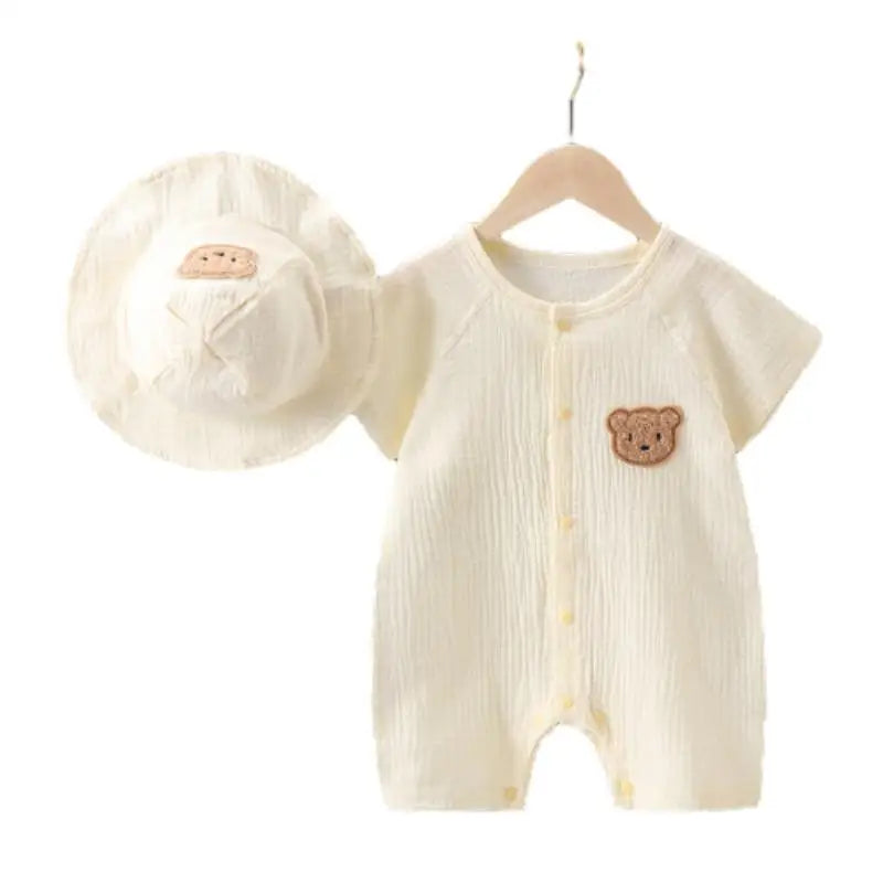 2Pcs Baby Summer Jumpsuits Hat Set Bear Muslin Newborn Romper for Boys Girls Clothes Toddler Onesie Infant Outfit Clothing